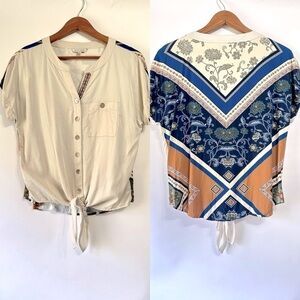 John Mark ivory tie front button up short sleeve blue green floral top blouse